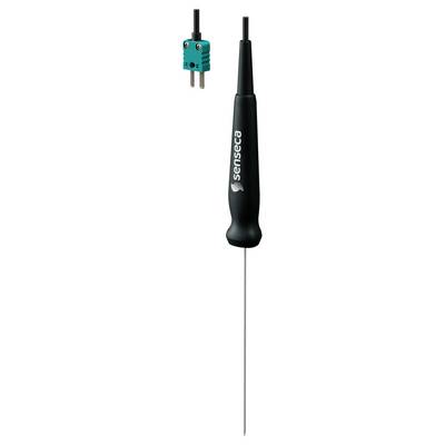A black temperature probe with a pointed metal tip and a green connector plug attached to a black cable, used for measuring temperature.