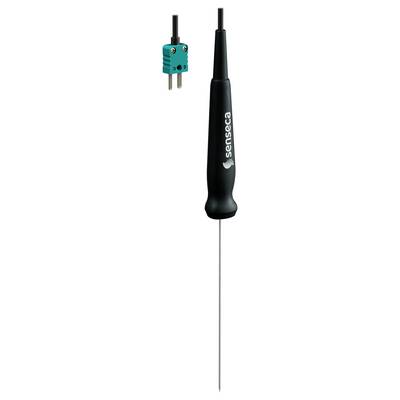 Slim black temperature probe with a pointed metal tip and a green pin connector above it.