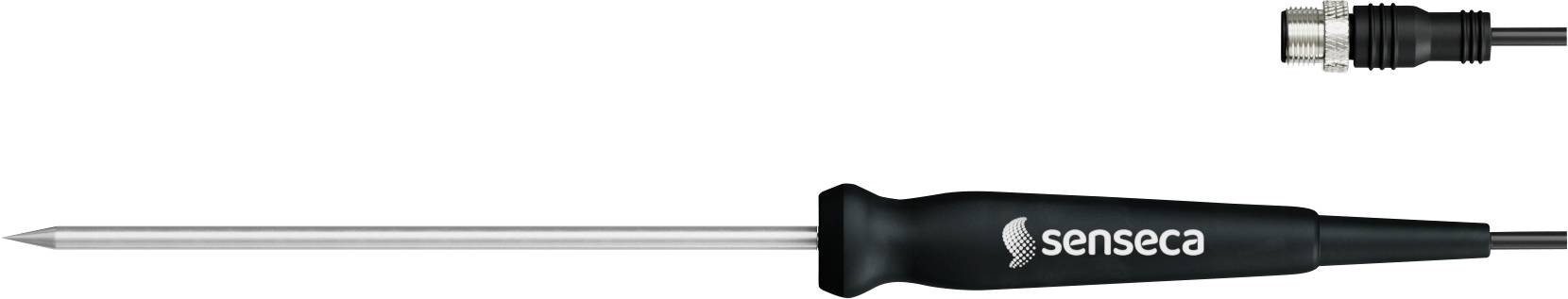 A digital temperature probe with 'senseca' branding, featuring a pointed metal tip and a connecting cable with a plug.