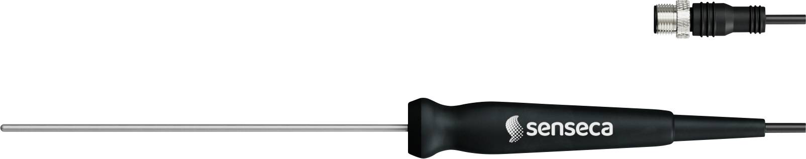A temperature probe with a metal rod and black handle labeled 'senseca,' featuring a cable with a metallic connector on the right.