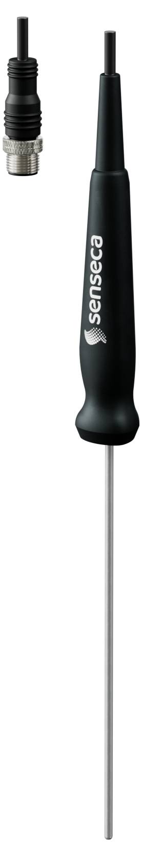 A black digital probe thermometer with a stainless steel pointed tip and a connected cable, used for temperature measurements.