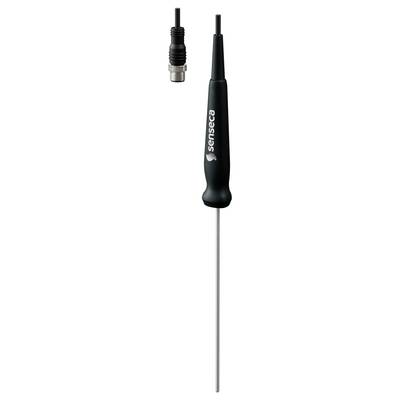 A black digital probe thermometer with a stainless steel pointed tip and a connected cable, used for temperature measurements.