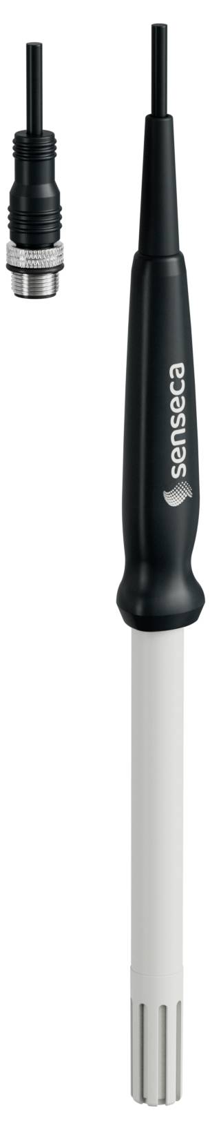 A black and white sensor probe with a cable and connector, labeled with 'sansaca,' designed for measuring environmental parameters.