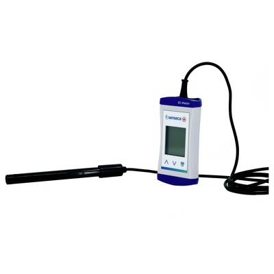 A handheld conductivity meter with a screen and probe, used for measuring electrical conductivity of solutions. The brand name is visible.