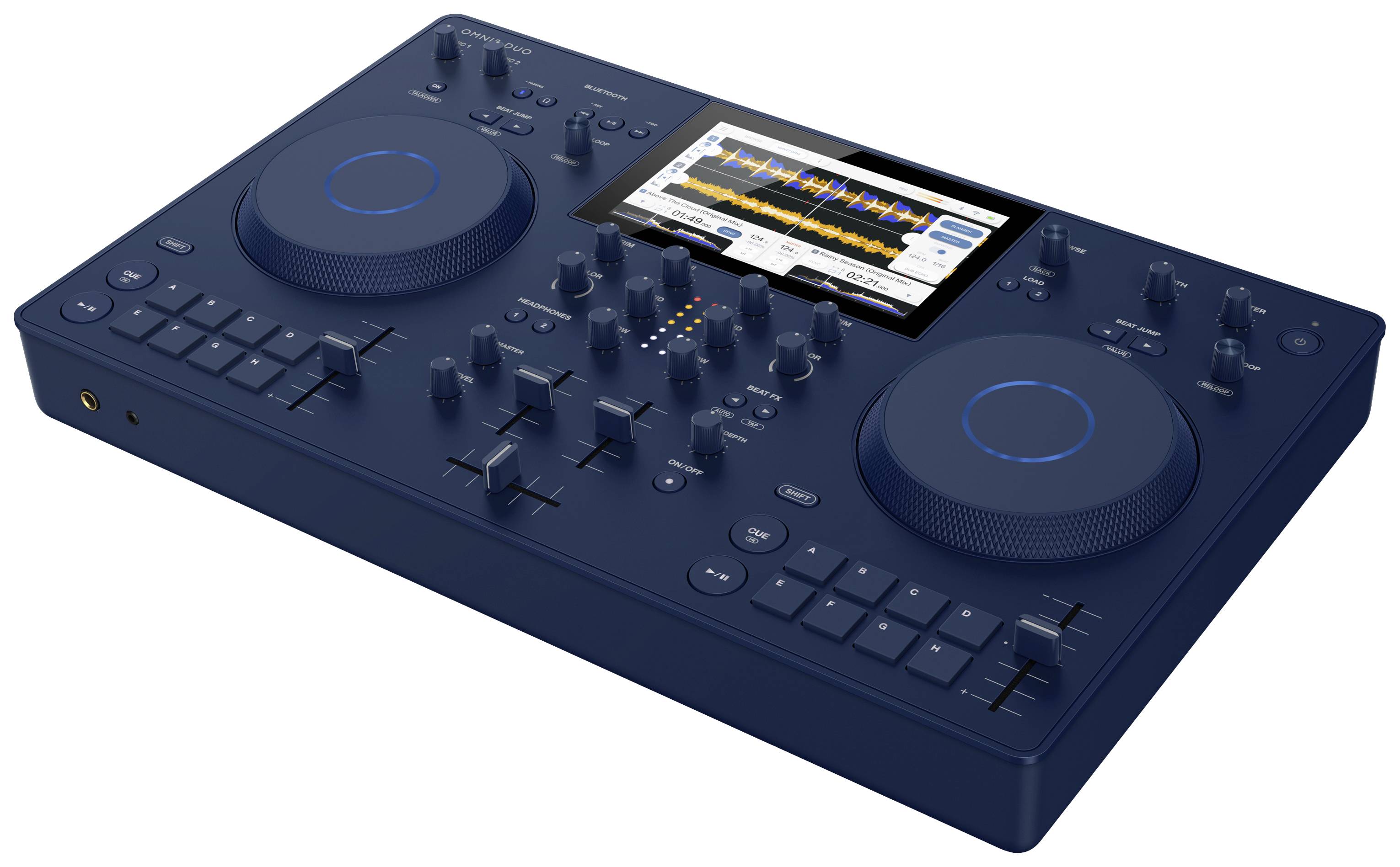 DJ controller with two jog wheels, various buttons and a screen in the centre displaying music waveforms.
