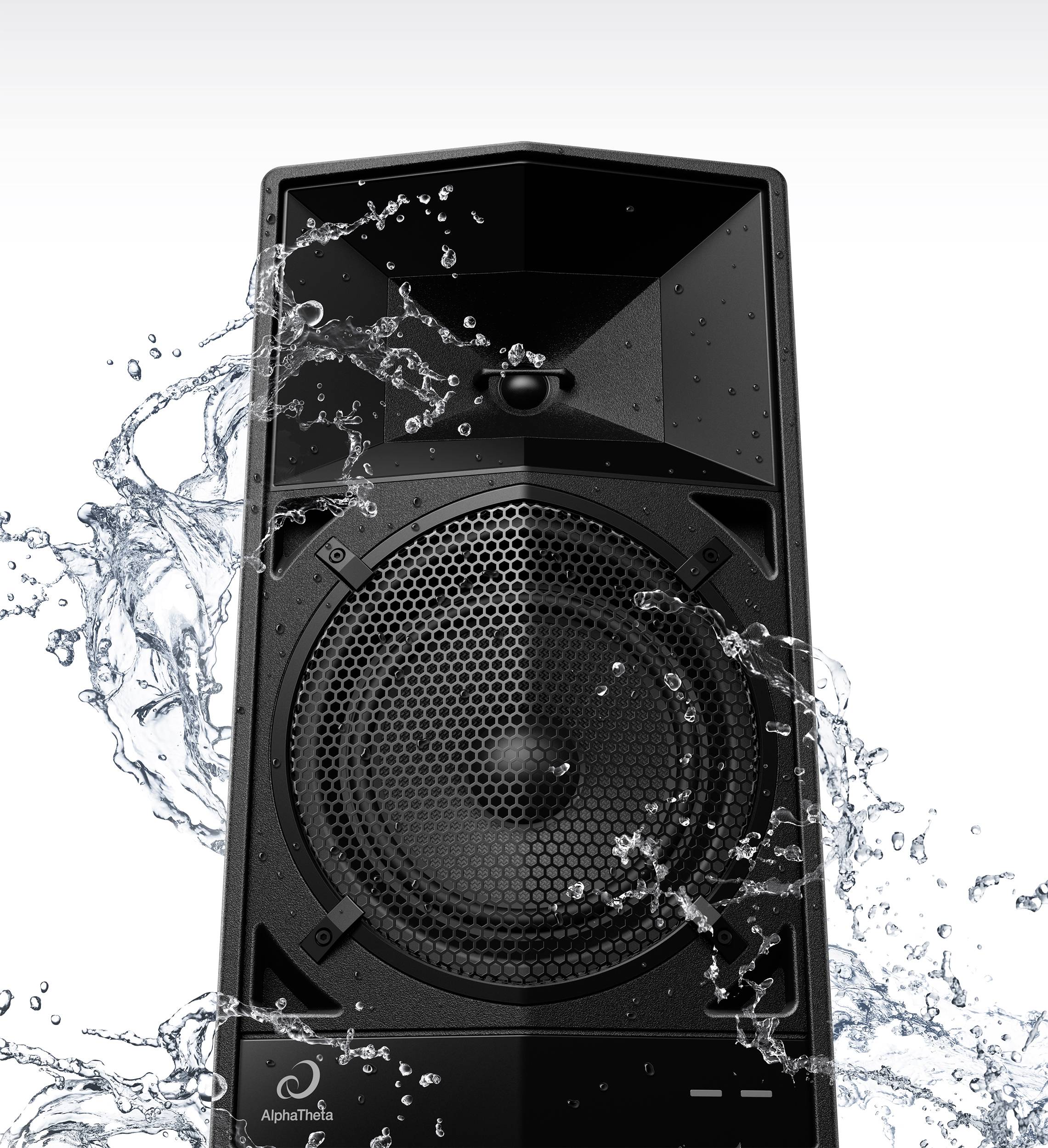 A black speaker is surrounded by splashing water, indicating its water resistance.