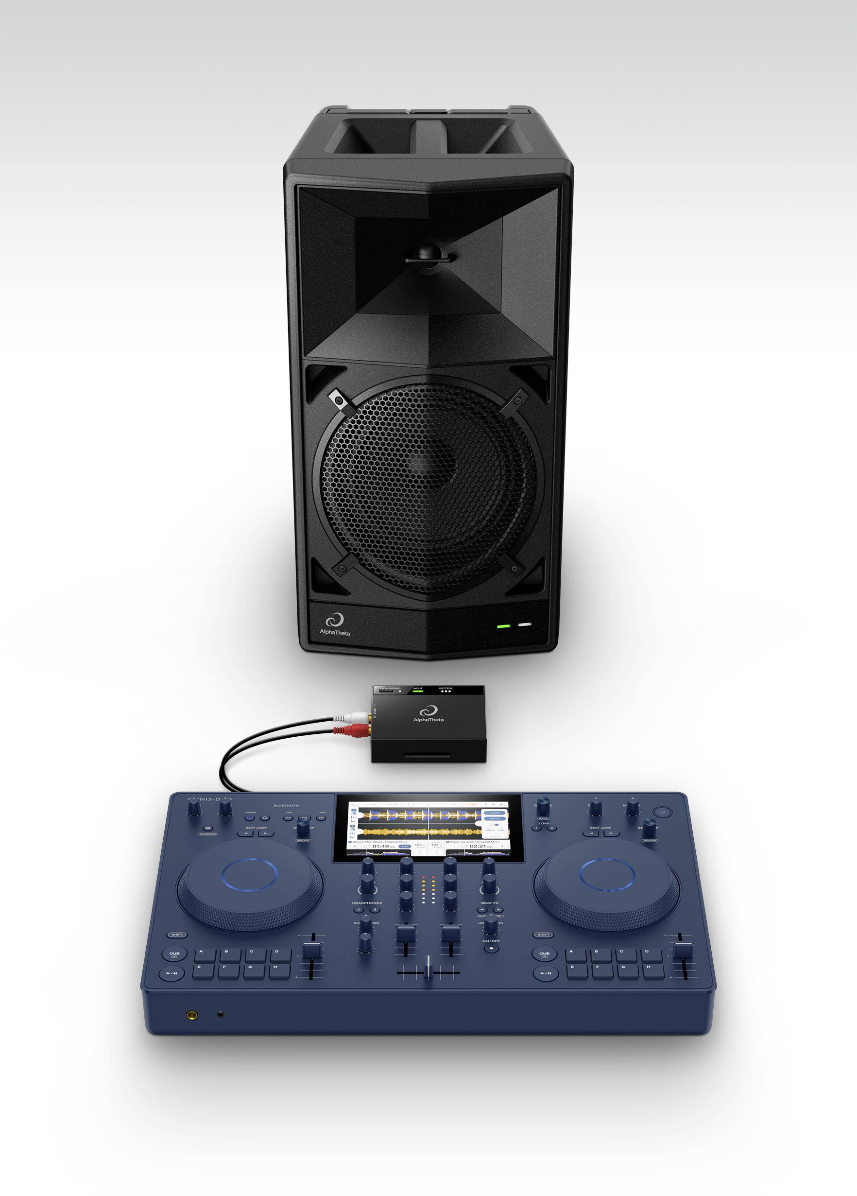 DJ equipment with a digital mixing console and speakers, connected via a small, black interface device.