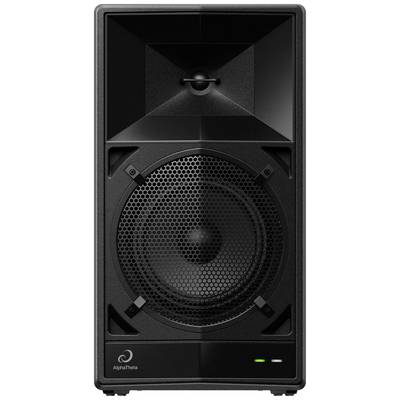 A black speaker with a grille cover and company logo in the bottom left.