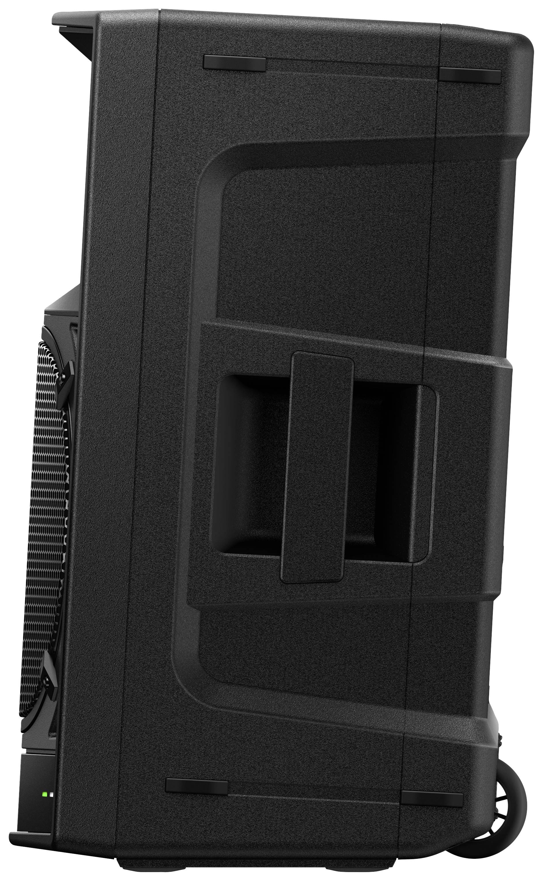 Portable speaker with handle and wheels on the side. Side view reveals a robust, black design.