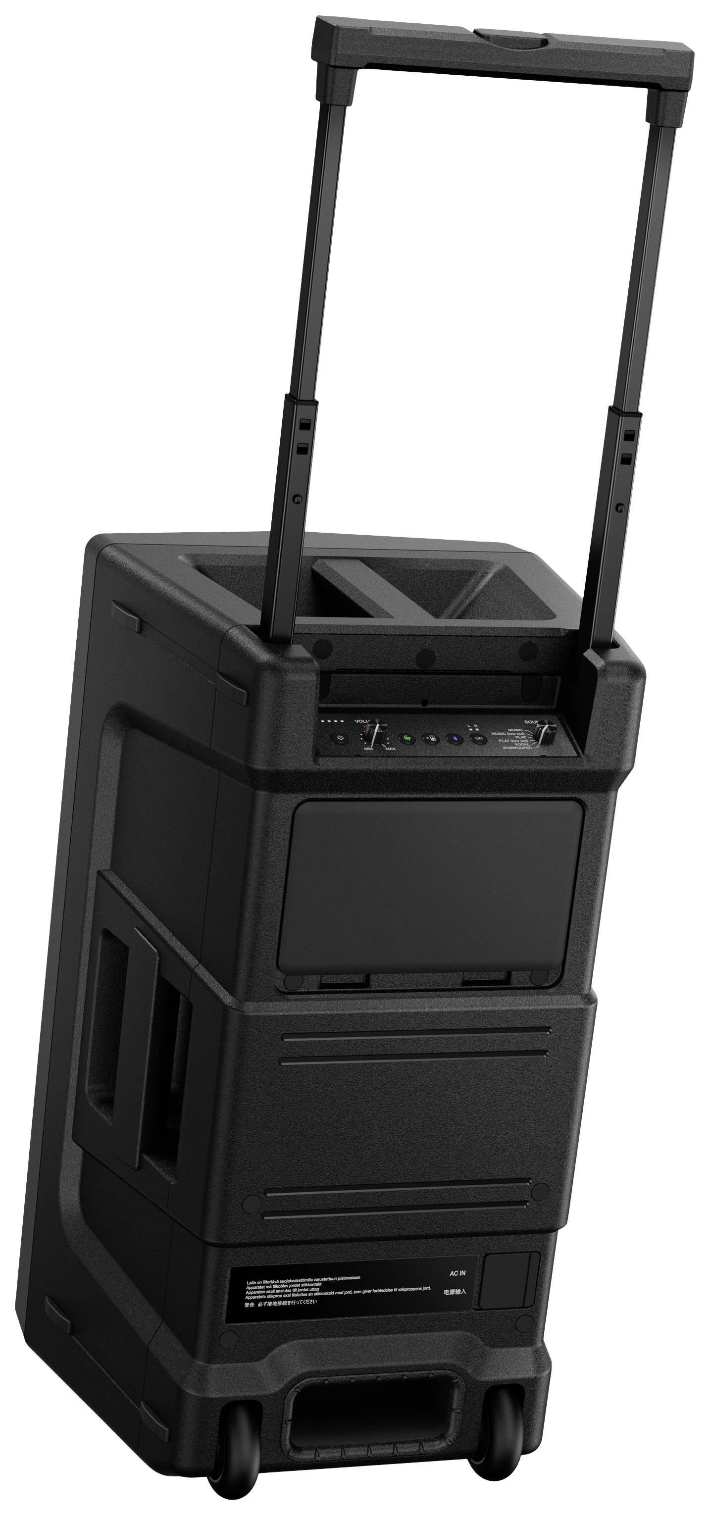 Black portable speaker box on wheels with telescopic handle. Ideal for events and mobile use.