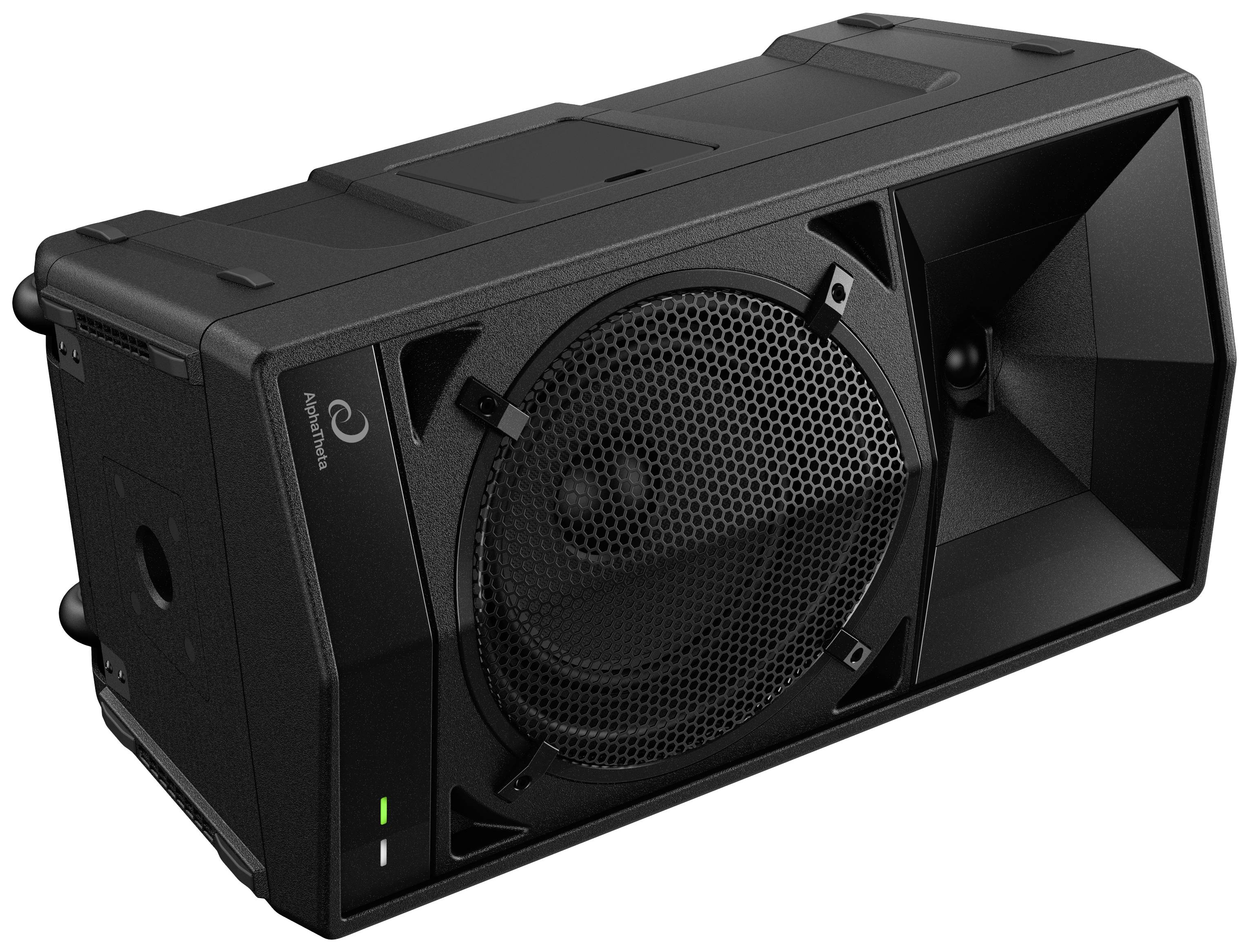 Black loudspeaker in a rectangular enclosure with view of membrane and bass reflex port. Suitable for professional audio applications.