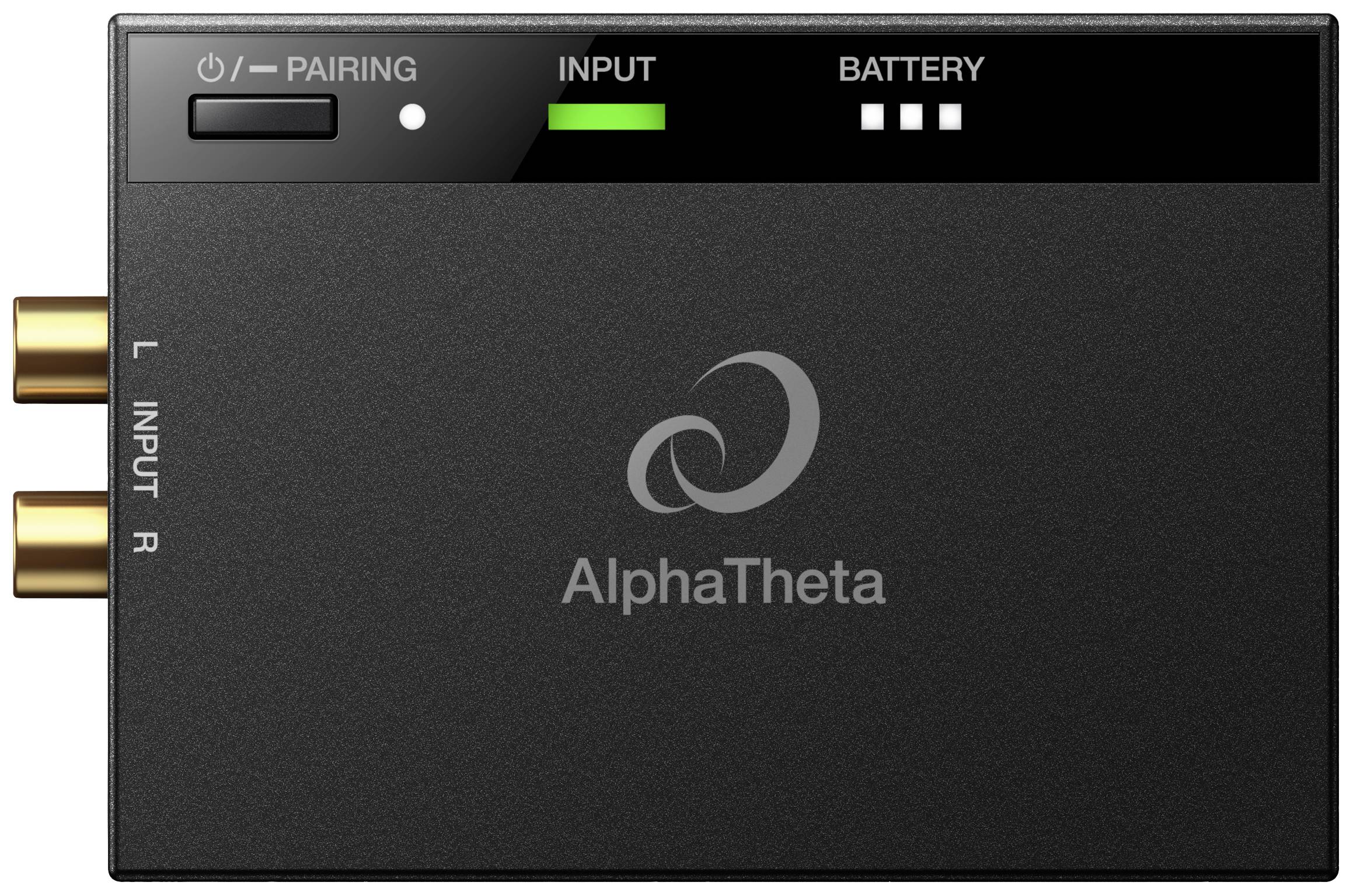 Black device with brand logo 'AlphaTheta', pairing indicator light, volume level display and three-bar battery indicator.