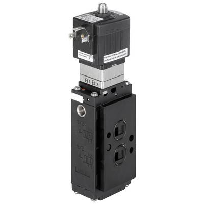 The image depicts an electromagnetic pneumatic valve. It has connections for 3/2 and 5/2 way connections, with a black and silver housing.