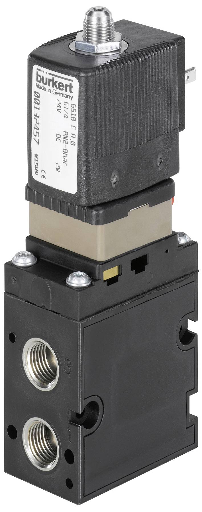An electromagnetic valve with a black housing and silver connection for industrial applications. Two inlet and outlet openings visible.