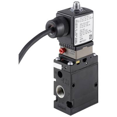An electric valve with push-fit connection and cable. A connection with labelling is located at the top. Suitable for industrial applications.