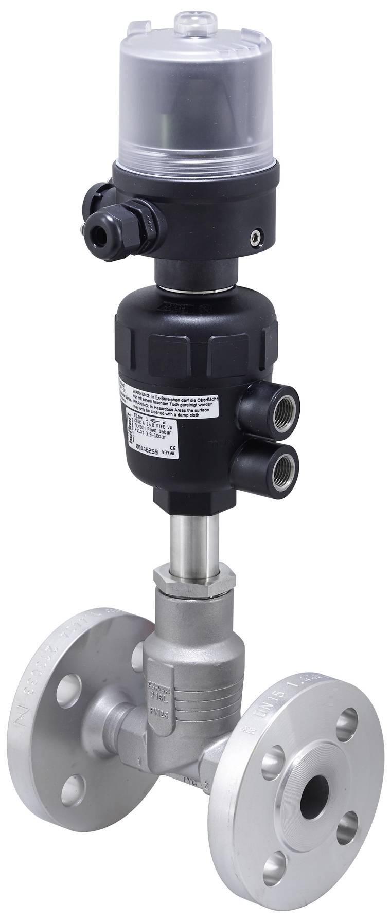 Industrial valve with pneumatic actuator and flange connections, suitable for use in pipeline systems.