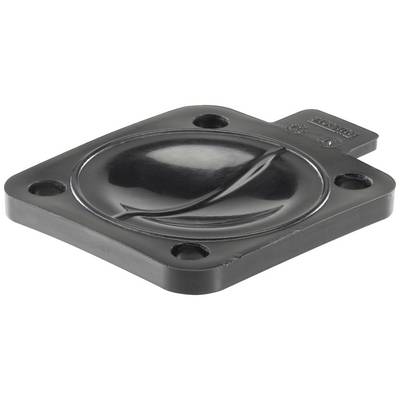A black, square plastic cover with four screw holes and a raised, oval dome in the centre.