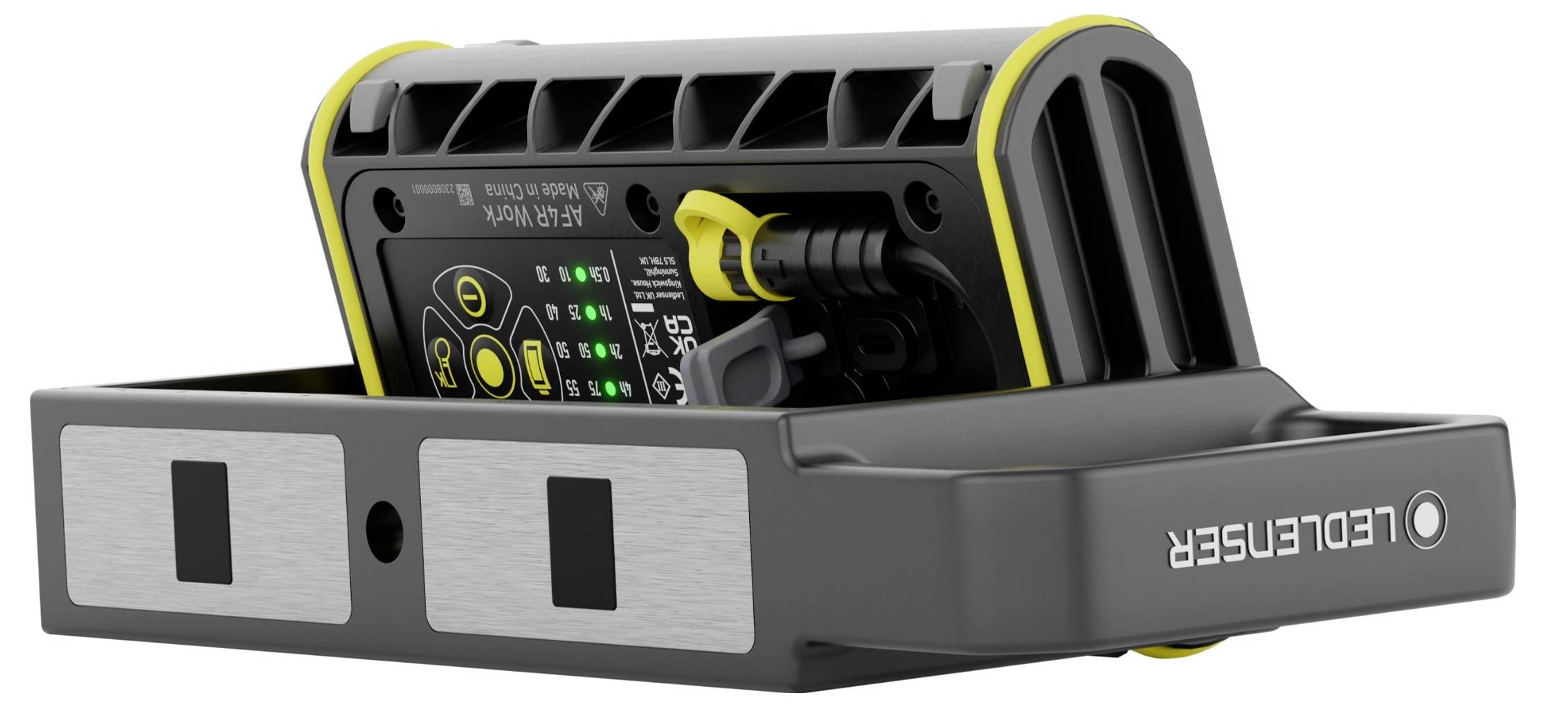 A compact, black laser device with yellow accents and cable connection, marked on the side with 'LEDCLUSTER'.