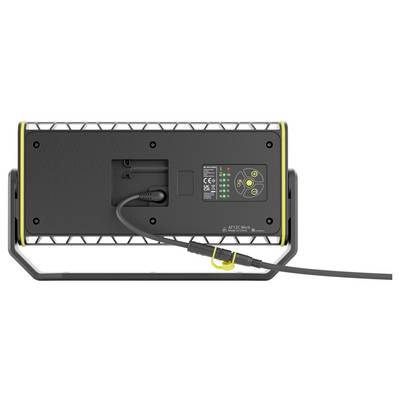 Back of a portable LED lamp with mains connection, control elements, and technical information. Lamp has yellow edges.