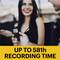 A person is holding a dictaphone, smiling and showing it to a stranger. Text in the image: 'Up to 581 hrs recording time' on a yellow background.