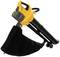 A yellow leaf blower with a black collection bag and wheels, suitable for cleaning paths and gardens.
