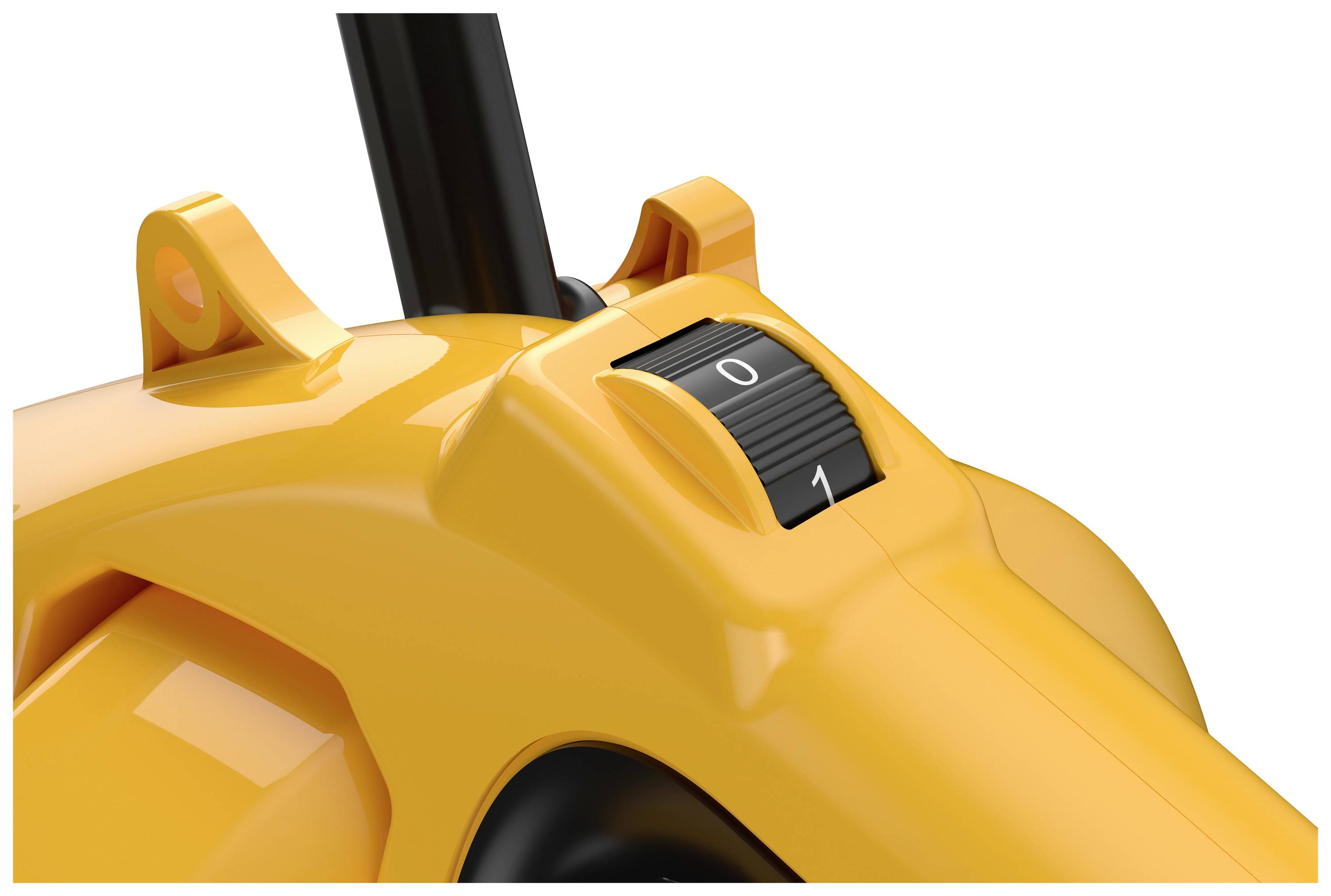 An orange device with a black on/off switch, indicating '0' and '1', symbolises the operational status.