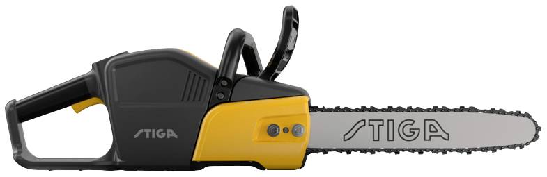 Stiga chainsaw, coloured black and yellow. It is positioned sideways, with the handle and bar visible.