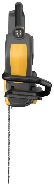 An electric hedge trimmer with a long saw blade and ergonomic grip design, predominantly finished in black and orange.