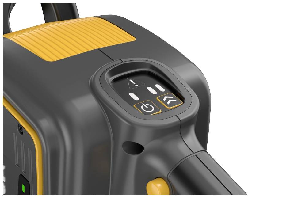 Close-up of a control panel on a device, showing power on/off buttons, direction change buttons, and an arrow symbol.