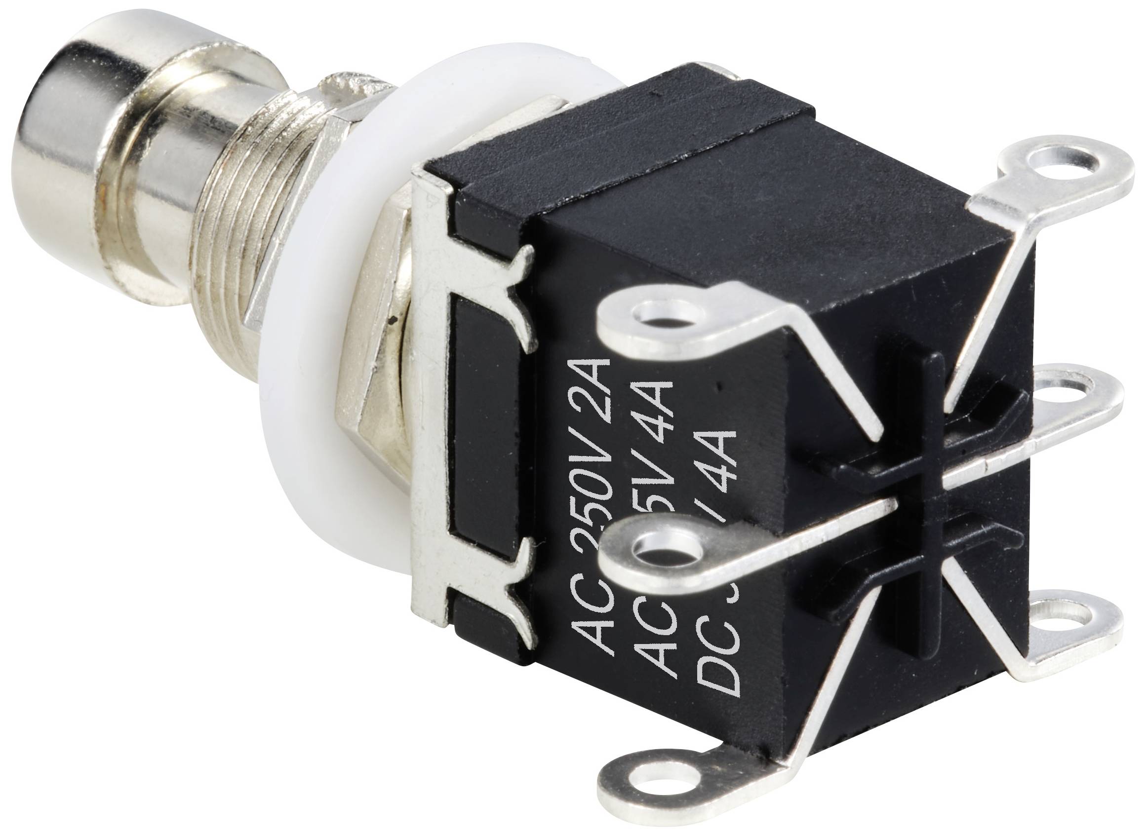 A black electric toggle switch with white markings, four terminals and a silver metal lever. Suitable for AC and DC.