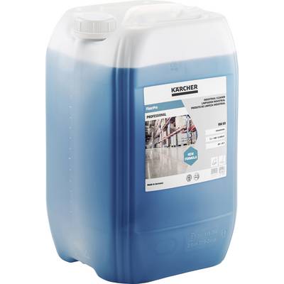 A blue jerry can of cleaning solution by Kärcher, label showing application for industrial floor cleaning, 10 litres in volume.
