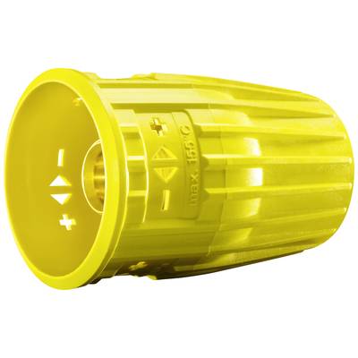 Yellow plastic wall plug with ribbed surface and plus-minus markings. Used for secure fixings in walls and ceilings.