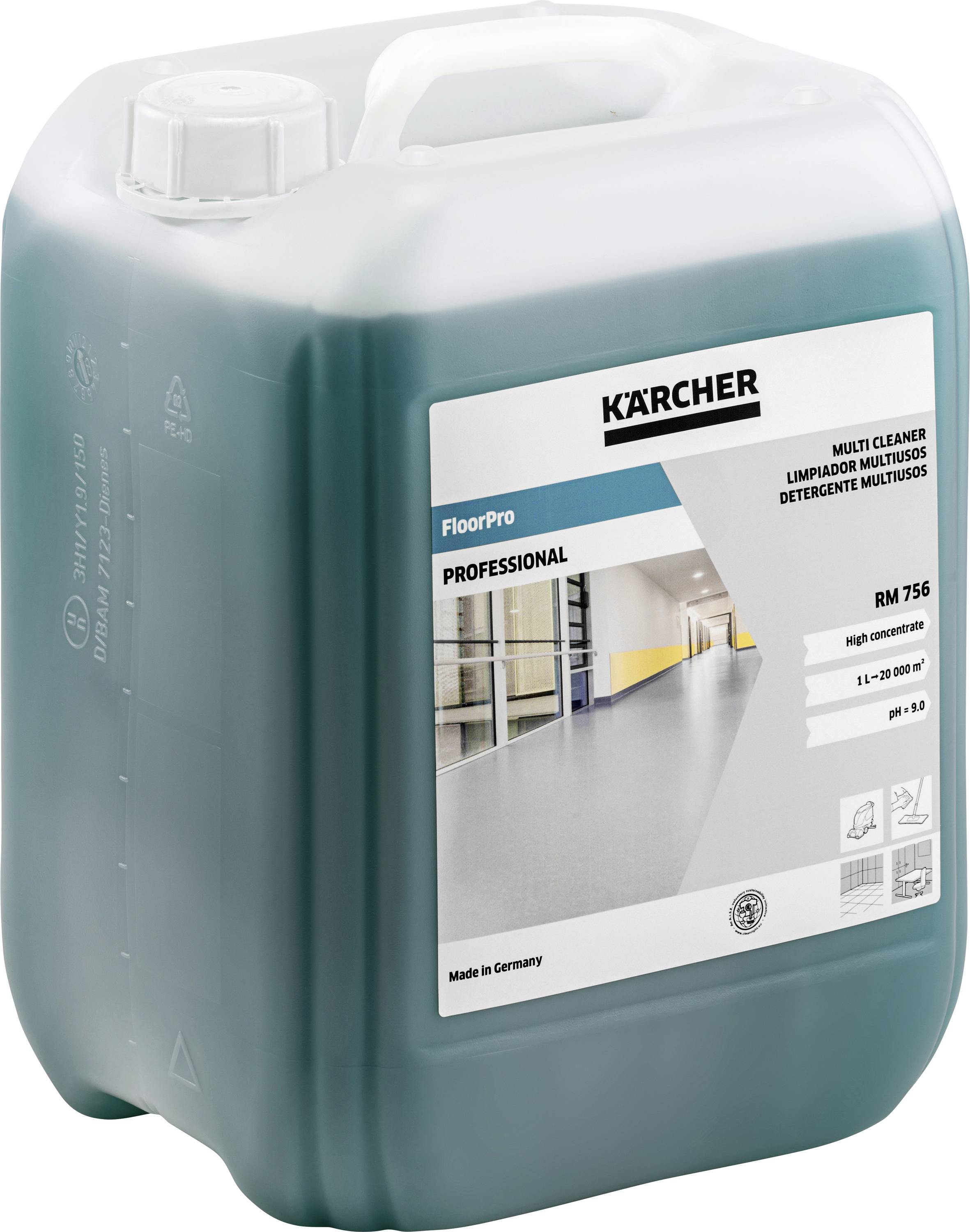 A 10-litre container of blue cleaning solution by Kärcher, model 'FloorPro RM 756', for professional floor care.