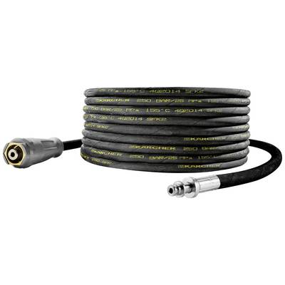 A long, black high-pressure hose for cleaning equipment, coiled up. Withstands high pressure, suitable for temperatures up to 155°C.