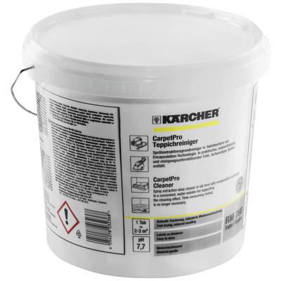 A white bucket with the KÄRCHER logo contains CarpetPro carpet cleaner. The label shows instructions for use and ingredients.