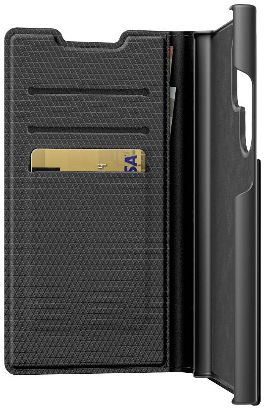 A black fabric phone case with card slots. A credit card is inserted in the top slot.