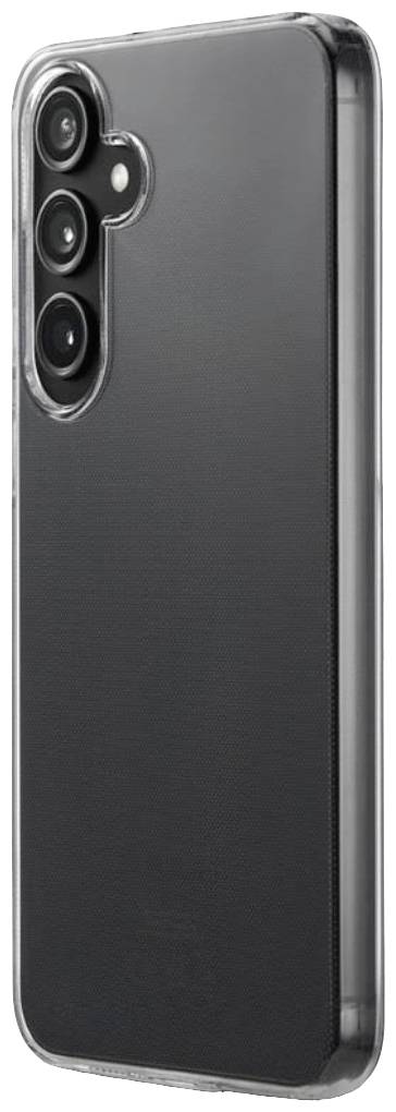 A modern smartphone with a black back and three cameras in a vertical strip at the top left. It has a clear case.