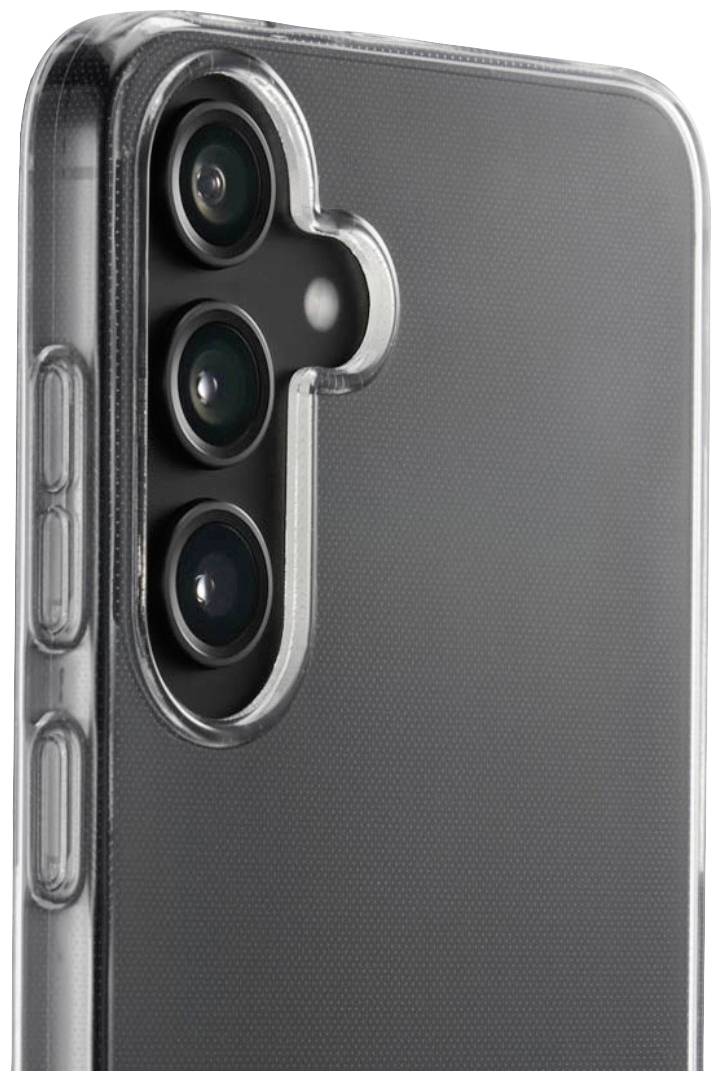 Smartphone with a transparent case, showing the back with three camera lenses and rounded corners.