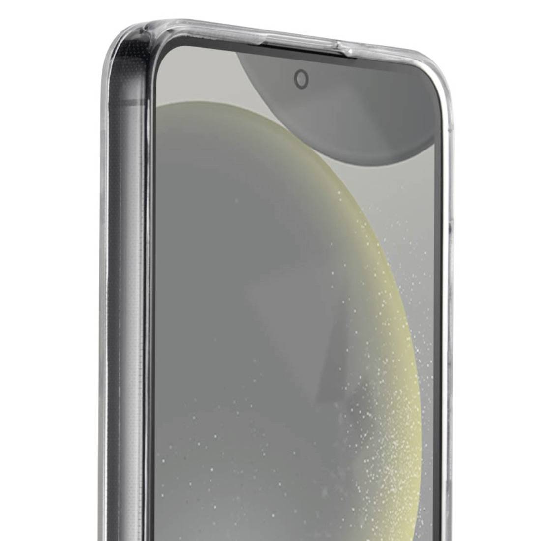 Close-up of a smartphone with a transparent casing. The focus is on the upper part of the screen, with its camera visible.