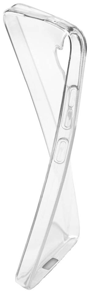Transparent mobile phone case, flexibly curved, with cut-outs for buttons and ports, against a white background.