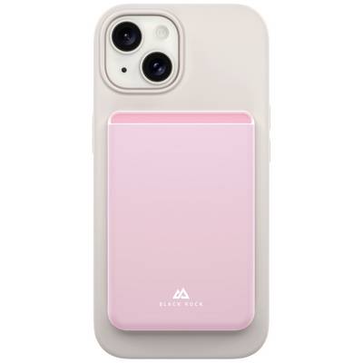 A smartphone with a pink MagSafe power bank from Black Rock attached, enabling wireless charging.