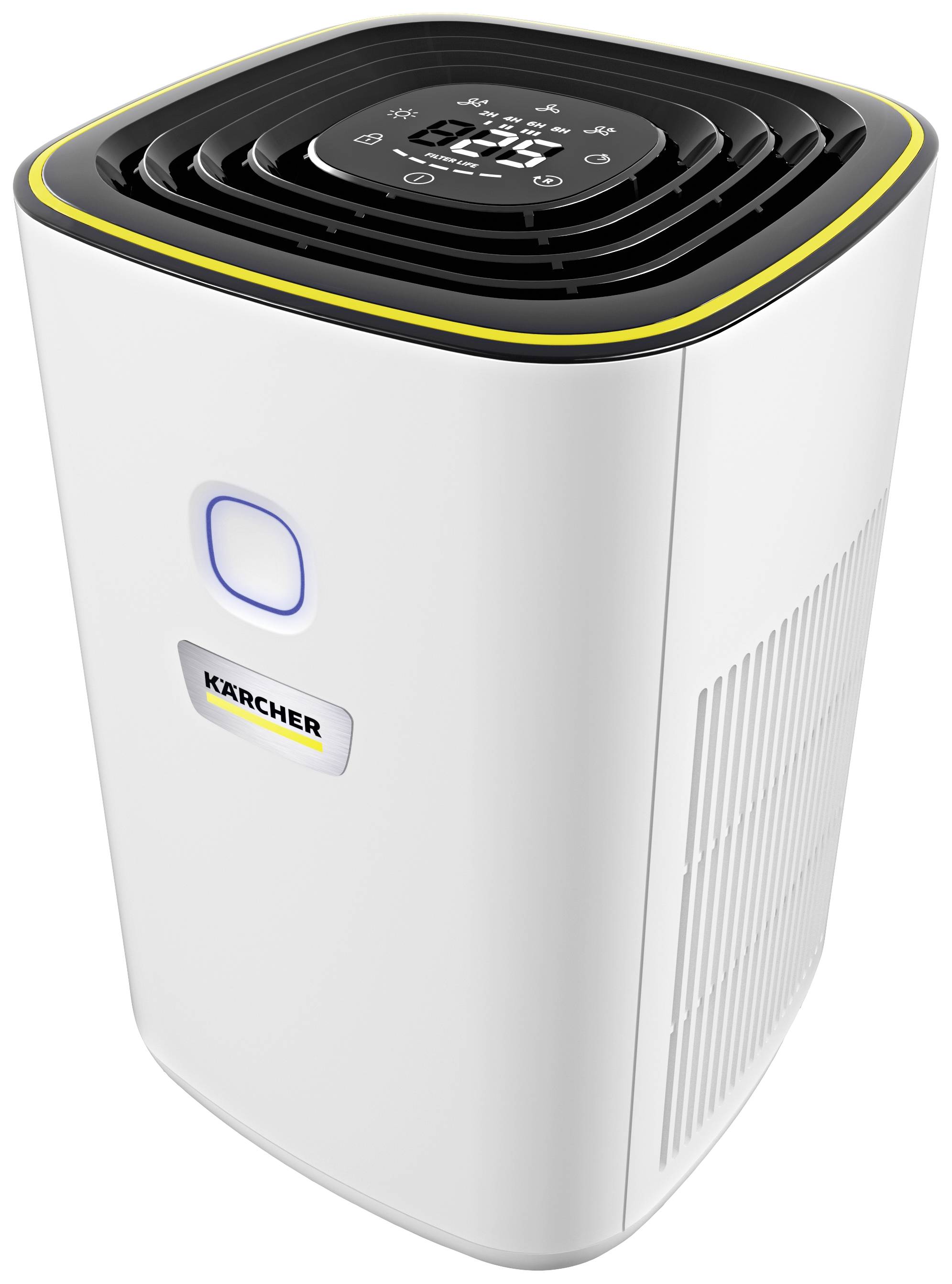 A white Kärcher air purifier with an illuminated touchscreen on top and side ventilation slots.