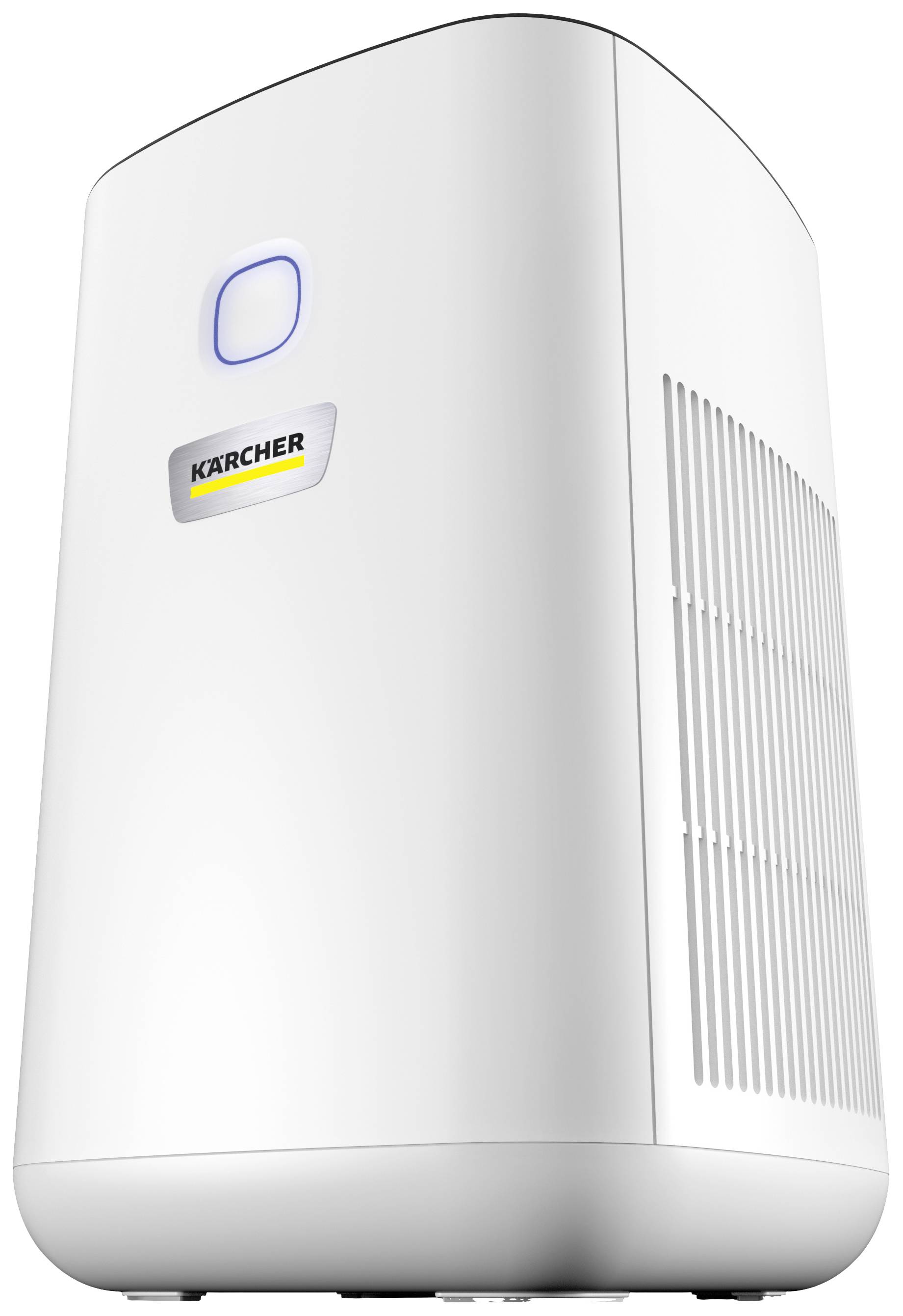 Air purifier by KÄRCHER in white, with side ventilation slots and a glowing LED indicator on top.