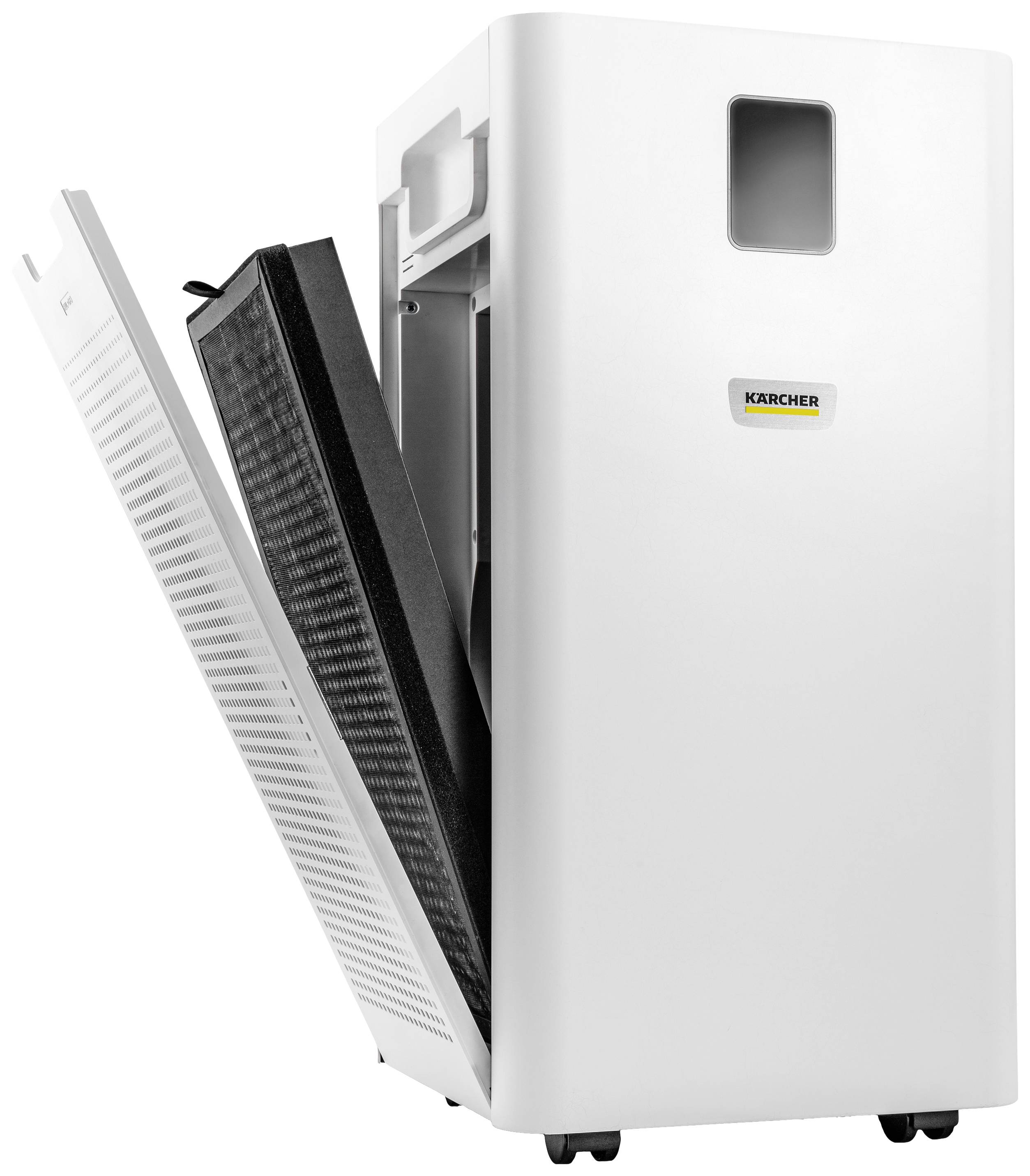 A portable air purifier in white, partially opened, shows the replaceable filters. The device stands on castors for easy movement.