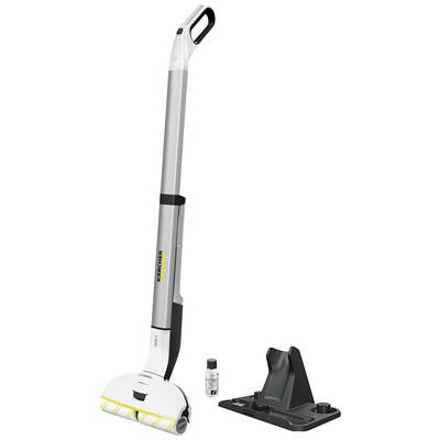 An electric floor cleaner with cleaning solution and charging station. Device from a brand with an ergonomic handle and two wheels.