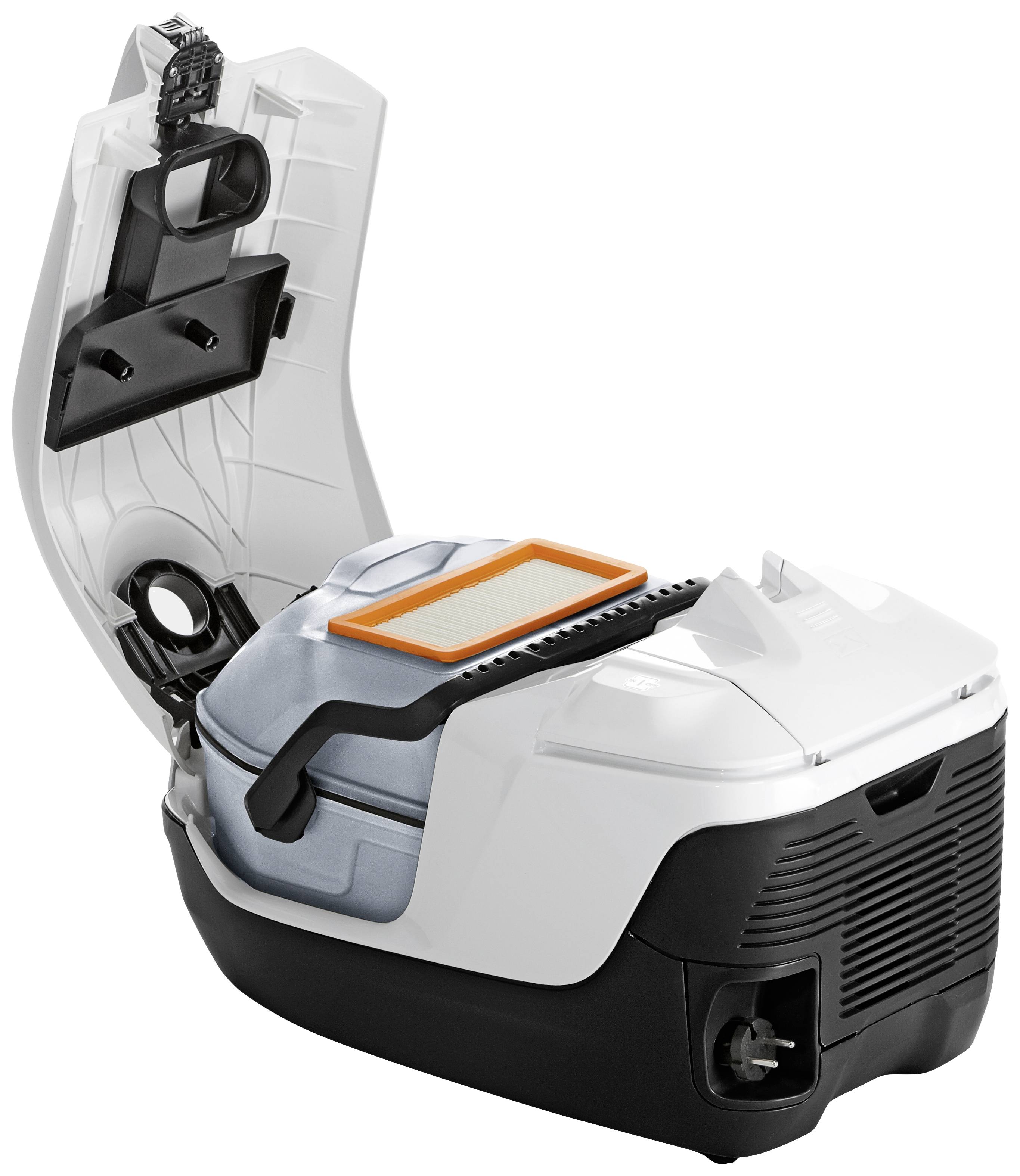 A workshop vacuum cleaner with an open lid, removable container, and HEPA filter, in black and white colouring, compact and portable.