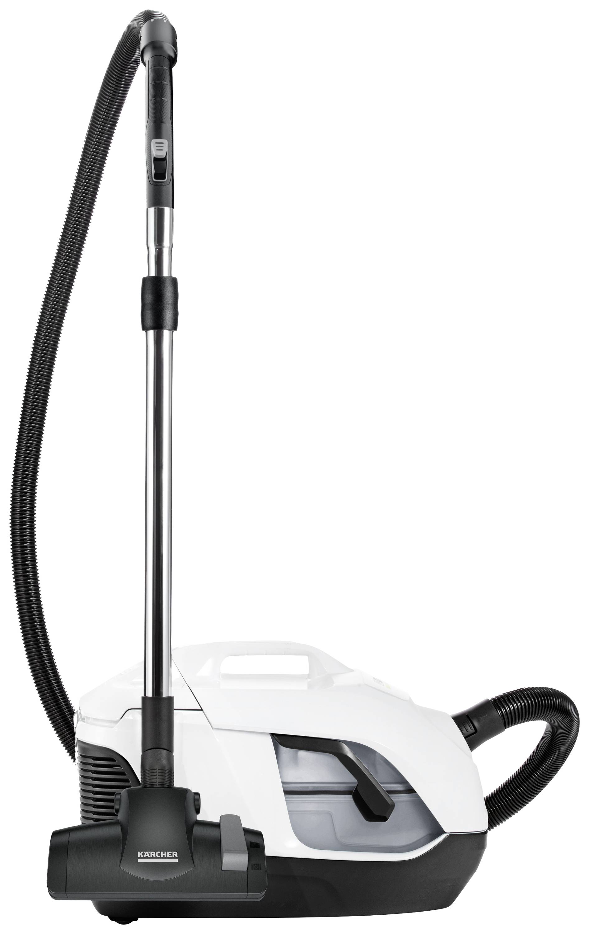 A white floor vacuum cleaner with a black suction head and extendable telescopic wand. Suitable for cleaning carpets and hard floors.