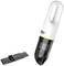 A white, portable vacuum cleaner with an interchangeable brush nozzle, perfect for quick household cleaning.