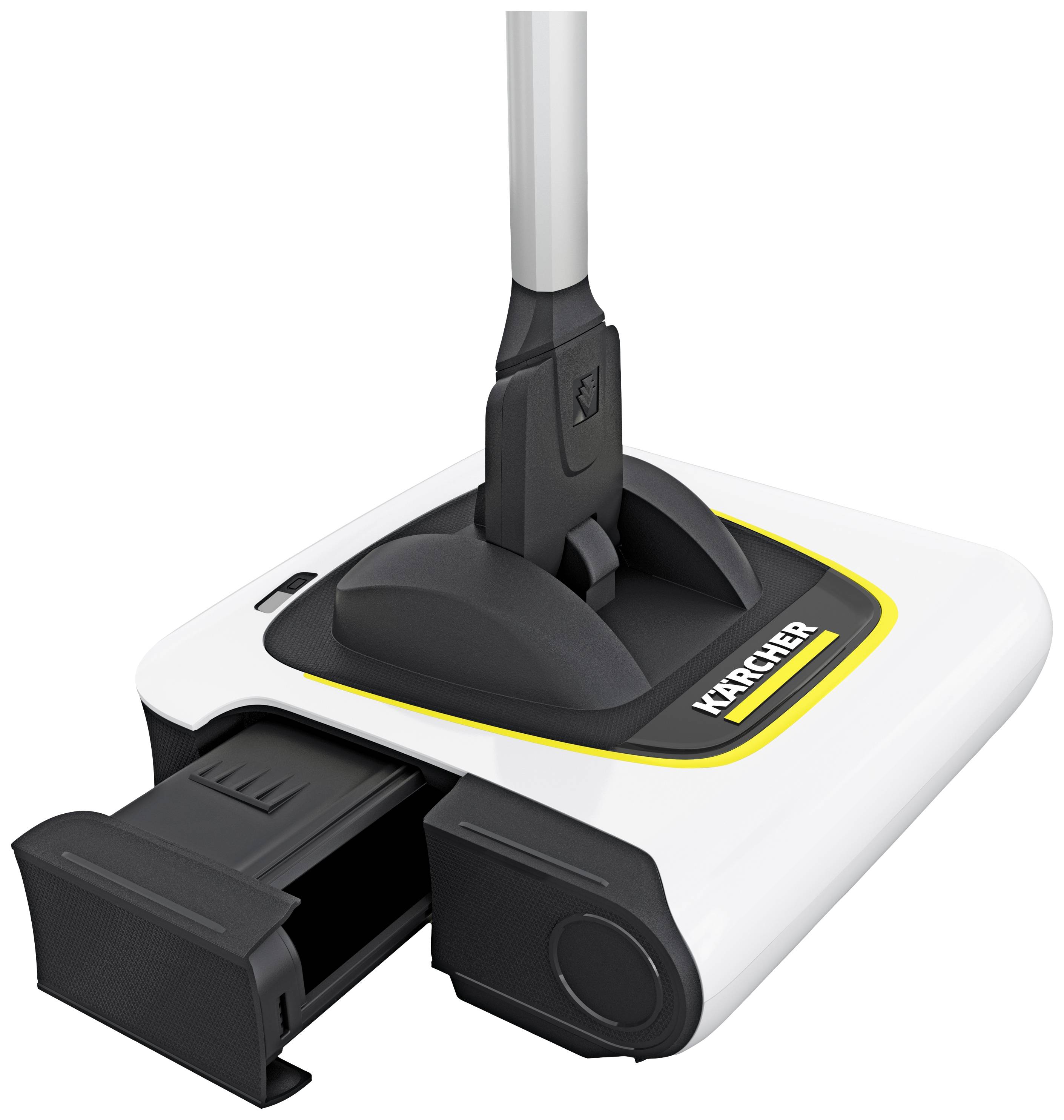 A white, battery-powered sweeper by Kärcher, partially assembled, with an extendable dust tray at the front.