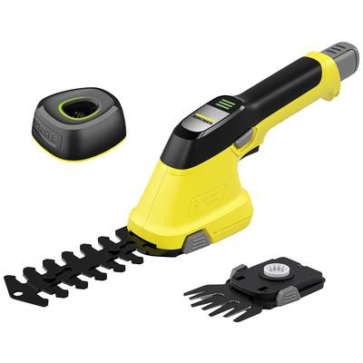Electric hedge trimmer with a yellow handle and two interchangeable blades. Charger in the background.<br><br>Note: The translation is in British English, maintaining the original description and technical details.